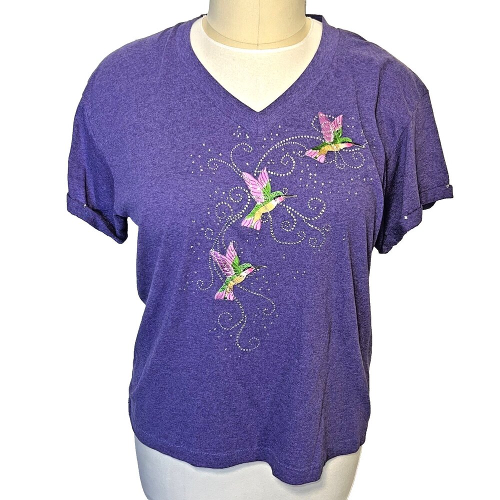 Ruffles - Tee Shirt Women's XL Purple Hummingbird Beaded Short Cuffed Sleeves